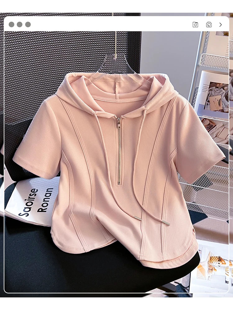 Summer New Women's Zipper Hoodie ort Sve T-irt Pure Cotton Slim Fit ort Fibone Top Korean Sle Commute Faion