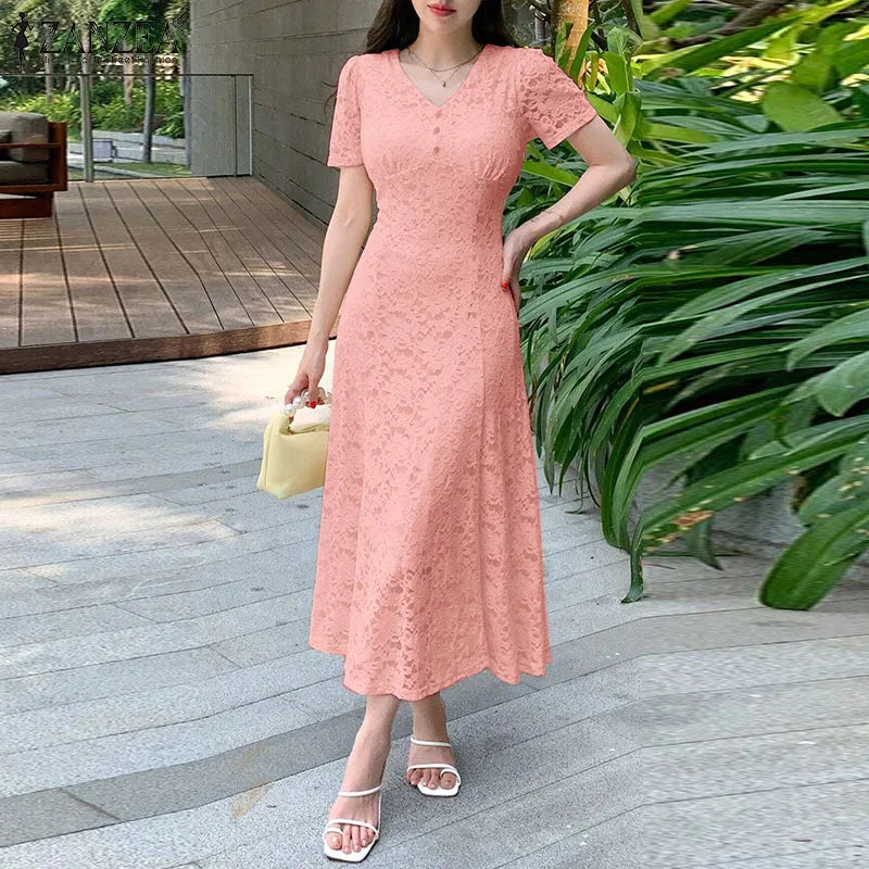 ZANZEA Women Summer Lace Patchwork Dresses 2026 Elegant Party Dress Stylish V Neck Short Sleeve Office Sundress A Line Midi Robe
