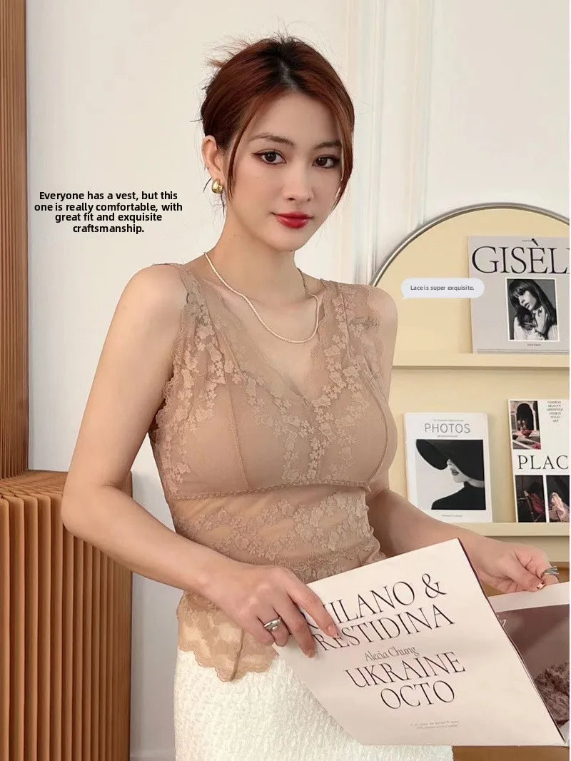Lace White Strap Vest Women Summer Outdoor Wear with Chest Pad Beautiful Ba Base Inner Match V-ne Svel Top Women