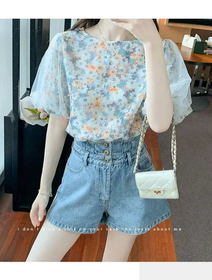 Floral Short-sleeved Chiffon Women's New Puff Sleeve Top Chic and Fashionable Shirt
