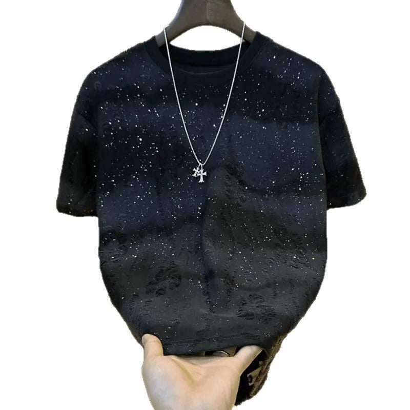 Summer New Round Neck Short Sleeve T Shirt Man Designer Clothes Fashion Men Gradient Colour Sequin T Shirt Camiseta Gym Hombre(Available)