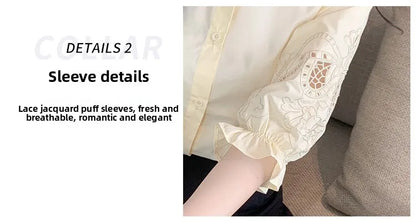 Ele Embroidered ort Sve irt Women's Summer New Design Korean Sle Commute Lantern Sve White irt for Ladies