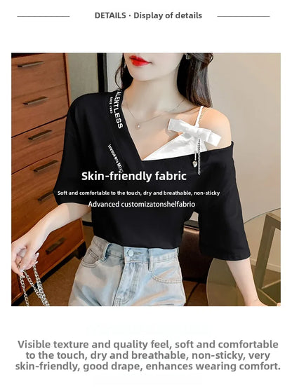 Unique Design oulder Bared ort Sve V-Ne Loose T-irt for Women  Knot Print Splice Asymmetrical Korean Sle