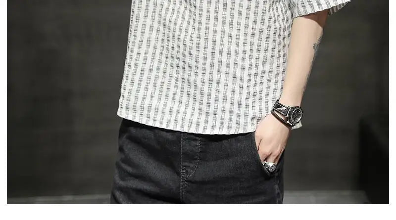 Men's Light Blue Denim Shirt Oversized Short Sleeve Button-Down Casual Top(Available)