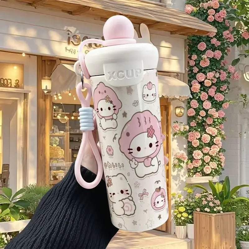 600ml Sanrio Hello Kitty Vacuum Thermos Cup SS316 Insulated Coffee Mug with Lifting Rope Portable Outdoor Drinking Water Kettle