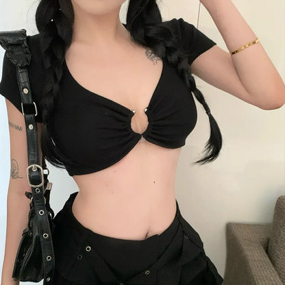 Xingqing y2k Crop Tops Women Summer Clothes Sexy Solid Color Metal Ring Short Sleeve Padded T Shirts 2000s Clothing Streetwear