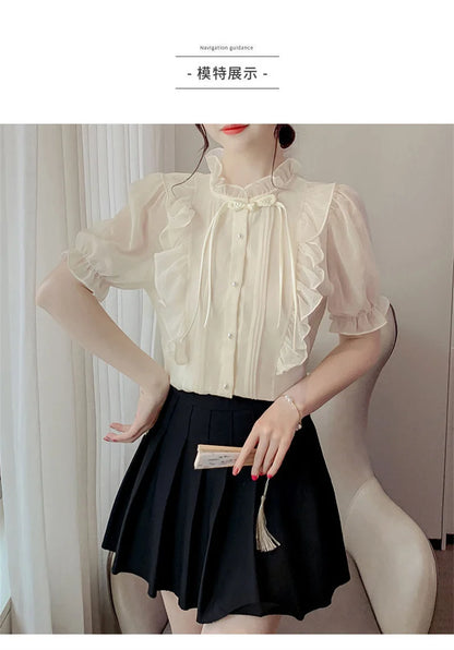 New Chinese Button French Ruffled Lace Gentle Chiffon Shirt 2025 Summer Fashion Temperament New Design Small Shirt Stylish Top