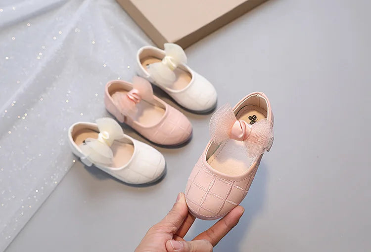 Korean Style Kids Solid Color Embroidered Leather Shoes Girls Big Bow Mesh Flower Princess Flat Dance Shoes
