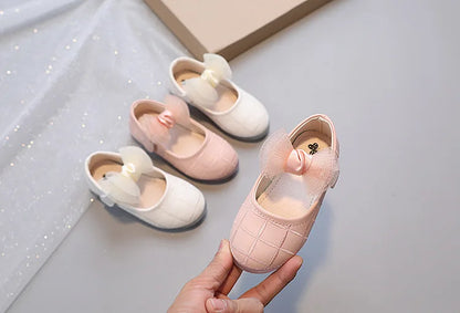 Korean Style Kids Solid Color Embroidered Leather Shoes Girls Big Bow Mesh Flower Princess Flat Dance Shoes