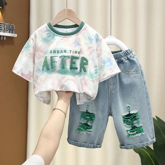 New Children's Printed Thin T-shirt+ hole Denim Shorts Teenager Boys Summer Fashion outfits