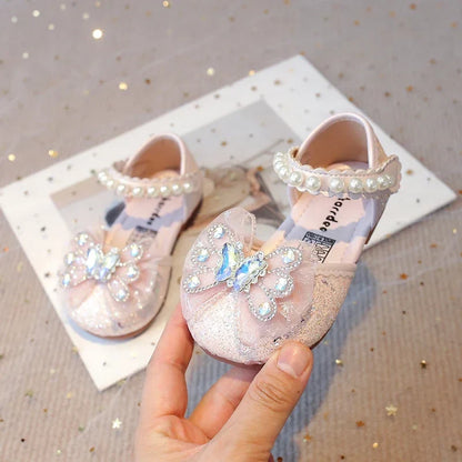 Baby Girls Leather Shoes  Spring Summer Children Casual Half Sandals Sequins with Crystal Butterfly Fashion Princess Sweet