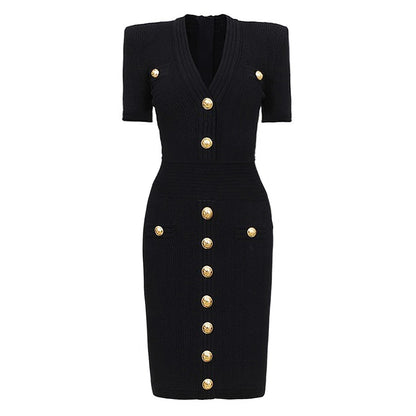 2025 Spring/Summer New Fashion Knitted Elastic Short Sleeve Solid Color Gold Button Slimming Style Commuter Women's Dress