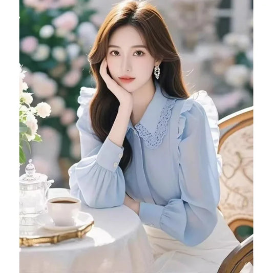 Blue Long Sve irt Women's Faionable Beautiful Top Small Flng Sve Design Spring Sli Good Looking Ele Garment