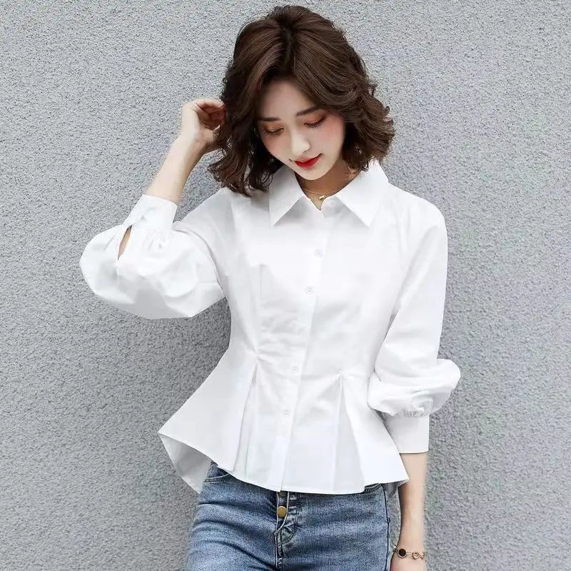 Stylish Lapel Button Spliced All-match Folds Lantern Sleeve Shirt Women's Clothing 2022 Autumn New Casual Tops Loose Chic Blouse