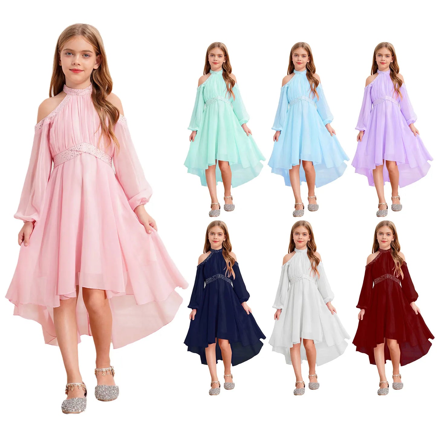 Kids Girls Elegant Party Dress Halter Off-shoulder High Waist Ruffled Chiffon Dresses Wedding Birthday Pageant Evening Prom Gown