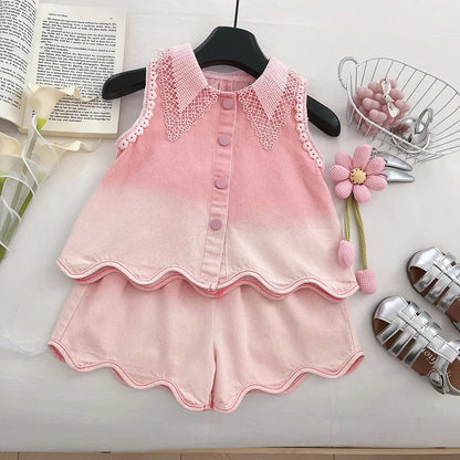 Baby Girls' Denim Suit Summer New Lace Vest Top Shorts Pants Casual and Fashion Kids Outwear Two-piece Set