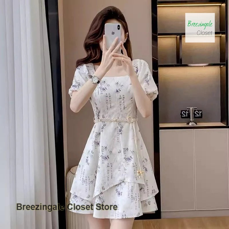 Summer new ink-and-wash square collar dress female new Chinese casual bubble short-sleeved fairy skirt retro waist A-line skirt