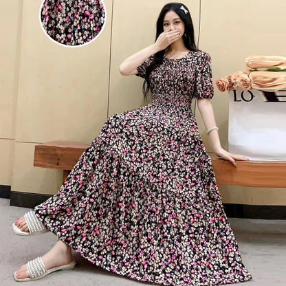Summer New Cotton Silk Dr Casual High Waist Floral Print Beachwear Outerwear Slimming Waist Long Skirt A-Line Gown