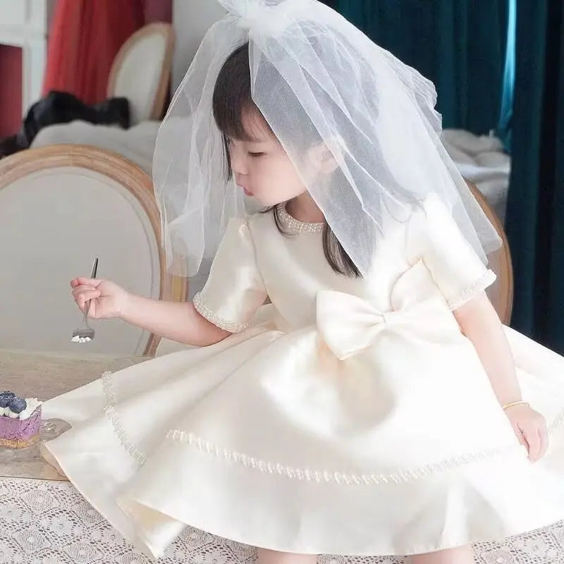 Wedding Bow Girl Dress Suitable for Girls Aged 1-8 Dresses V-neck Long sheer Party Costume Carnival Costume