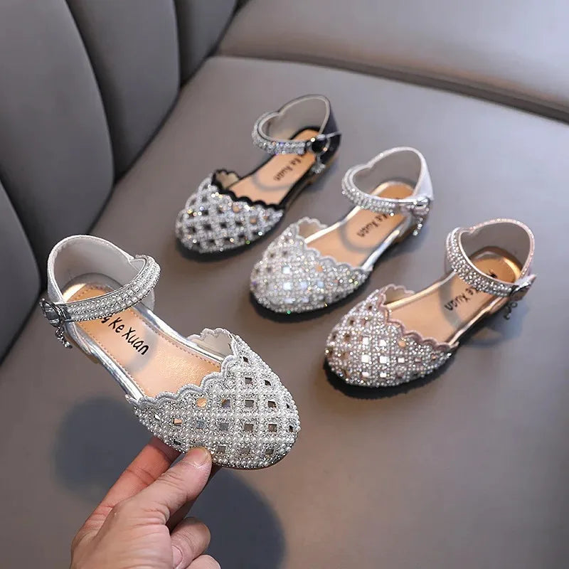 Children Spring Summer Korean Version Dance Shoes Girls Pearl Show Shoes Girl Rhinestone Princess Lace Leather Shoes Solid Color