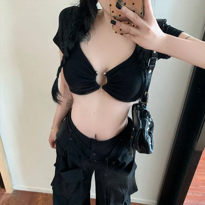 Xingqing Summer Crop Tops y2k Women Sexy Clothes Solid Color Metal Ring Short Sleeve Padded T Shirts 2000s Clothing Streetwear