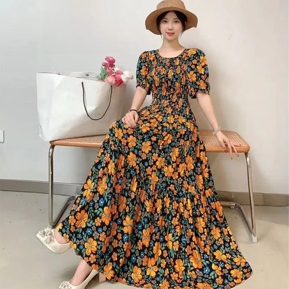 Summer New Cotton Silk Dr Casual High Waist Floral Print Beachwear Outerwear Slimming Waist Long Skirt A-Line Gown