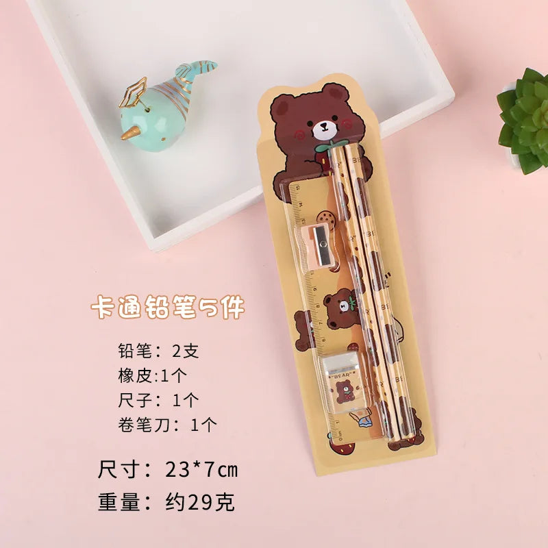 5Pcs Cute Cartoon Stationery Set Pencil Ruler Eraser Pencil Sharpener Kawaii Children School Scrapbook Supplies Set For Gifts