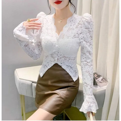 Spring Summer Lace T-shirt Slim Women V-neck Long Sleeve Shirt Button Irregular Short Tops Puff Sleeves Vintage Chic Design Tees