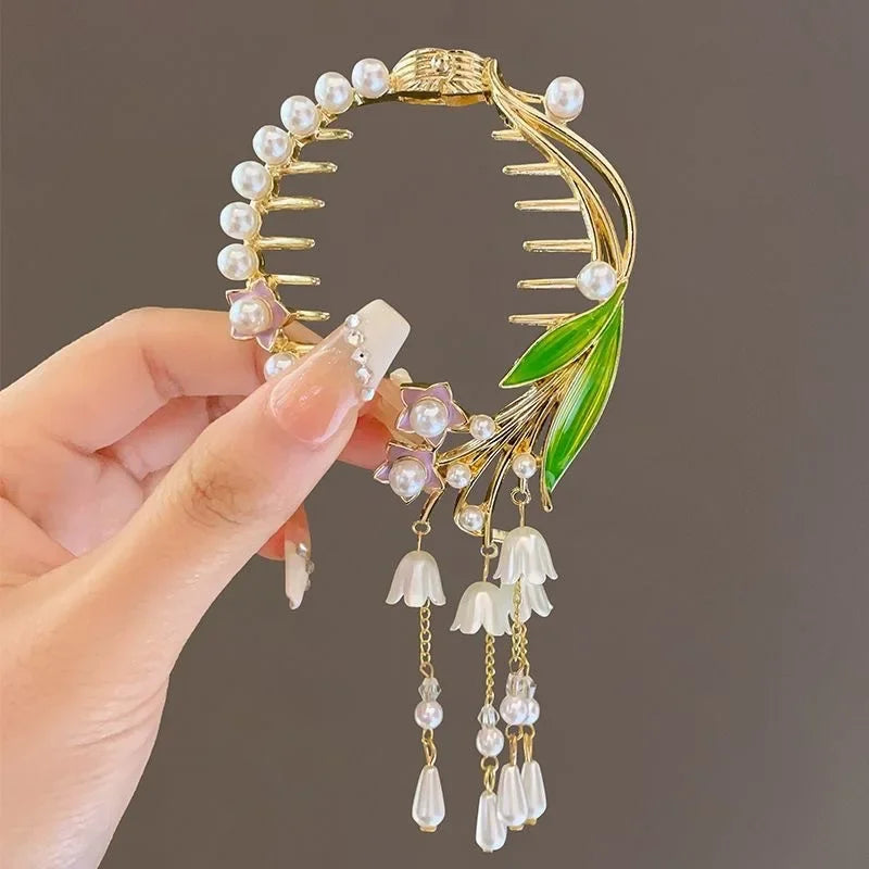 Ladies Butterfly Rhinestone Pearl Metal Hair Claw Round Bun Ponytail Holder (Available)