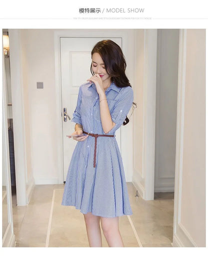 Women Korean Summer Attire Seven Quarter Sleeved Shirt Skirt Female New Fashion Blue White Striped Slim Dress Fit Shirt Skirt