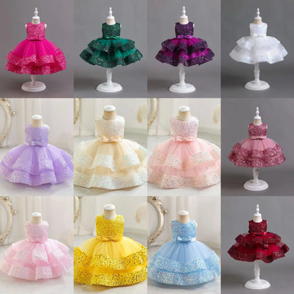 2025 Summer Girls Party Dresses 1-6 Years Kids Glittering Princess Dress Baby High-end First Birthday Party Evening Dress