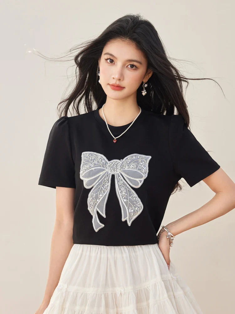 Summer New Sweet Short Sleeved T-shirt Women Fashion Bow Tops Harajuku Casual Simple T-shirt Y2k Top