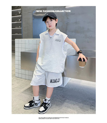 Boys Clothing Set American Style Children Vintage Vest Casual Sport Loose Pullover Sleeveless T-shirt Top Shorts Two-piece Set