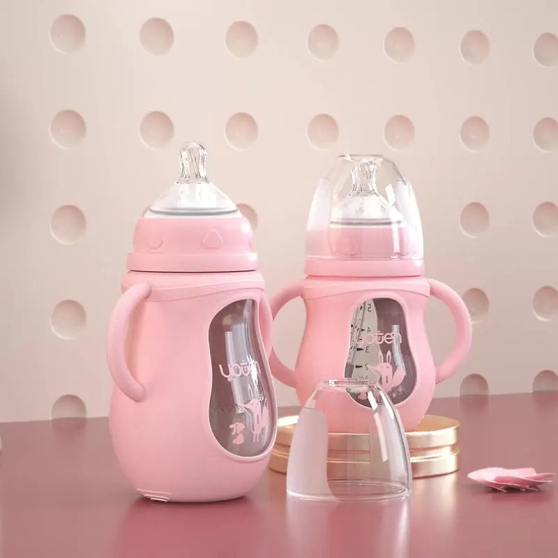 Wide Neck Glass Baby Bottle with Silicone Sleeve & Anti-Colic Straw Nipple – BPA-Free Newborn Feeding Set for Weaning Transition