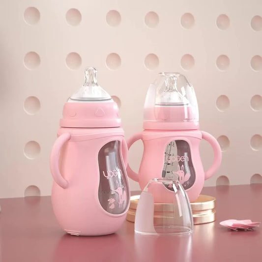 Wide Neck Glass Baby Bottle with Silicone Sleeve & Anti-Colic Straw Nipple – BPA-Free Newborn Feeding Set for Weaning Transition