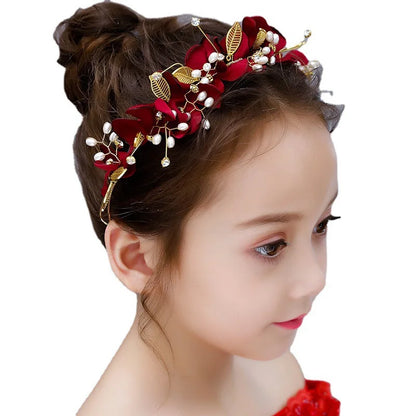 Red Ancient Chinese Style Headband Floral Hairpiece for Girls Princess Hanfu Accessories Traditional Festival Celebration Gift