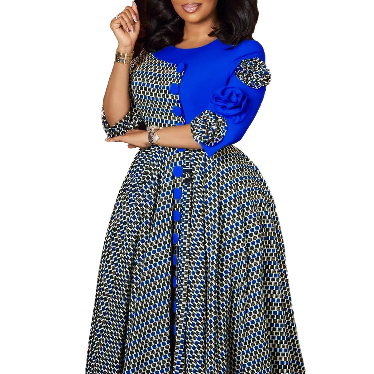 Elegant Dresses for Women O Neck Half Sleeve High Waisted Pleated Mid Calf Fashion Printed Luxury Birthday Party Dinner Dress