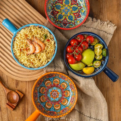 Single Handle Ceramic Noodle Bowl, Bohemian Design, Large Bowl, Creative Restaurant, Household Salad, Dessert Bowl, Home Decorat