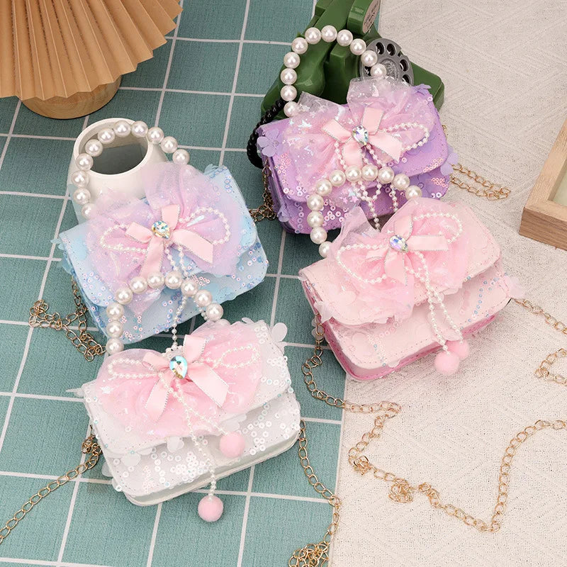 Cute Sequin Bow Kids Mini Square Shoulder Bags Versatile Children Chain Crossbody Bag Lace Girls Pearl Handbags Clutch Purse (Available)