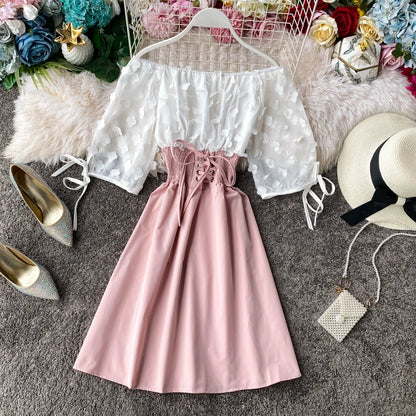 Summer Women's Dress Sexy Off Shoulder Patchwork Party Flower Chiffon Waist Lace Up Beach Short Dresses