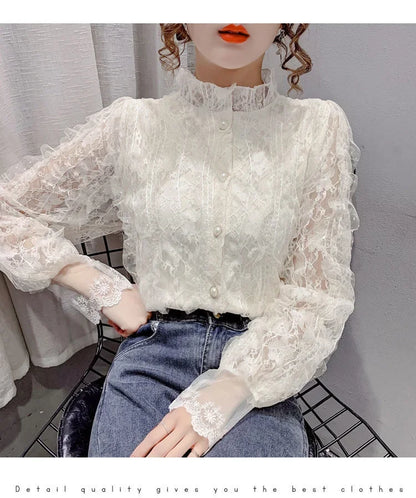 Blouse Women Shirt Lace Long Sleeve Women's Clothing Spring Lantern Sleeve Stand Collar Cardigan Top Blusas Mujer De Moda