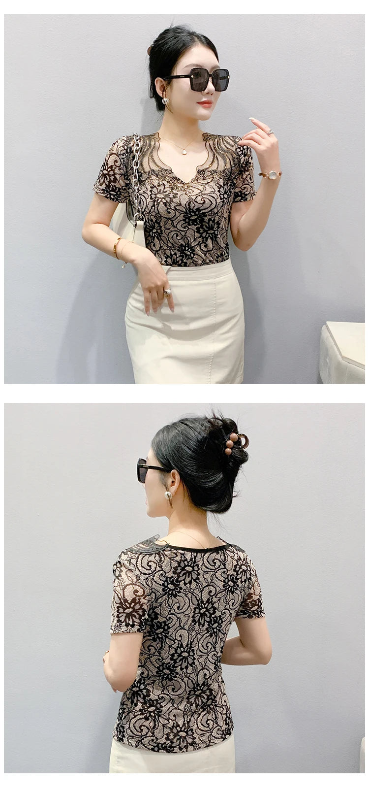 Sexy Hollow out V-Ne Rhinestone ort Sve T-irt Women Summer New Lace Me Top Trendy Anti-Aging Versatile Small irt