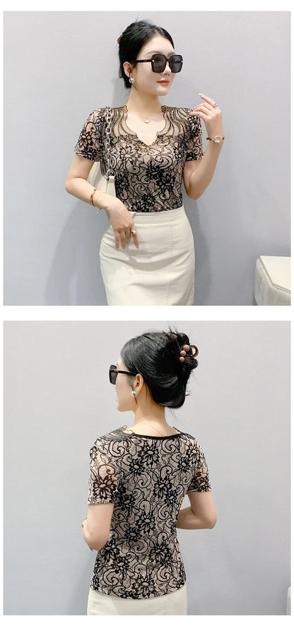 Sexy Hollow out V-Ne Rhinestone ort Sve T-irt Women Summer New Lace Me Top Trendy Anti-Aging Versatile Small irt