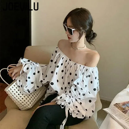 JOEVILU Polka Dot Shirt Off Shoulder Bubble Sleeve Tops Women's White Loose Simple Top French Casual Blouse In Spring and Summer