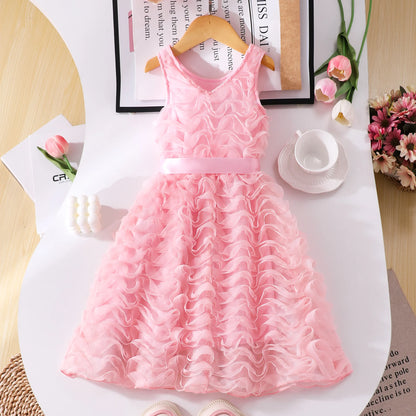 4-7 Years Girls' Birthday Party Dress - Round Collar 3D Ruffled Tulle, Perfect for Evening/Gathering