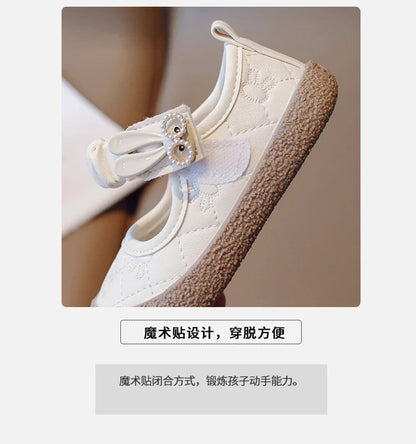 Girl's Mary Janes Cute Flat Sewing Pu Leather Little Children Leather Shoes Pu 21-30 Hook-loop Anti-slip Lovely Kids Spring Shoe