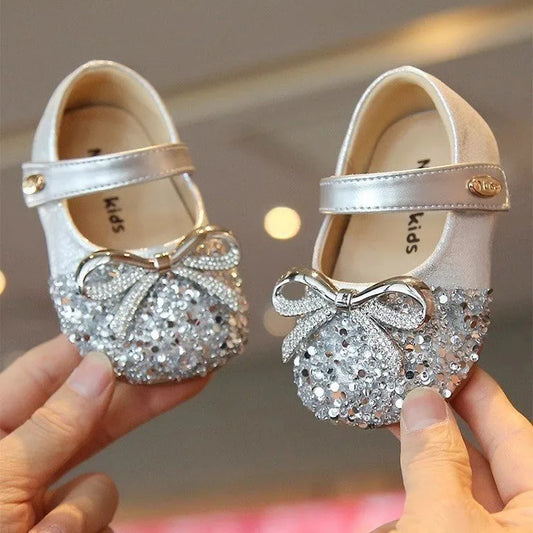 Bling Sequine Flats Shoes For Kids Princess Gold Silver Bowtie Dress Shoes For Toddler Girls Spring Autumn Causal Baby Walkers