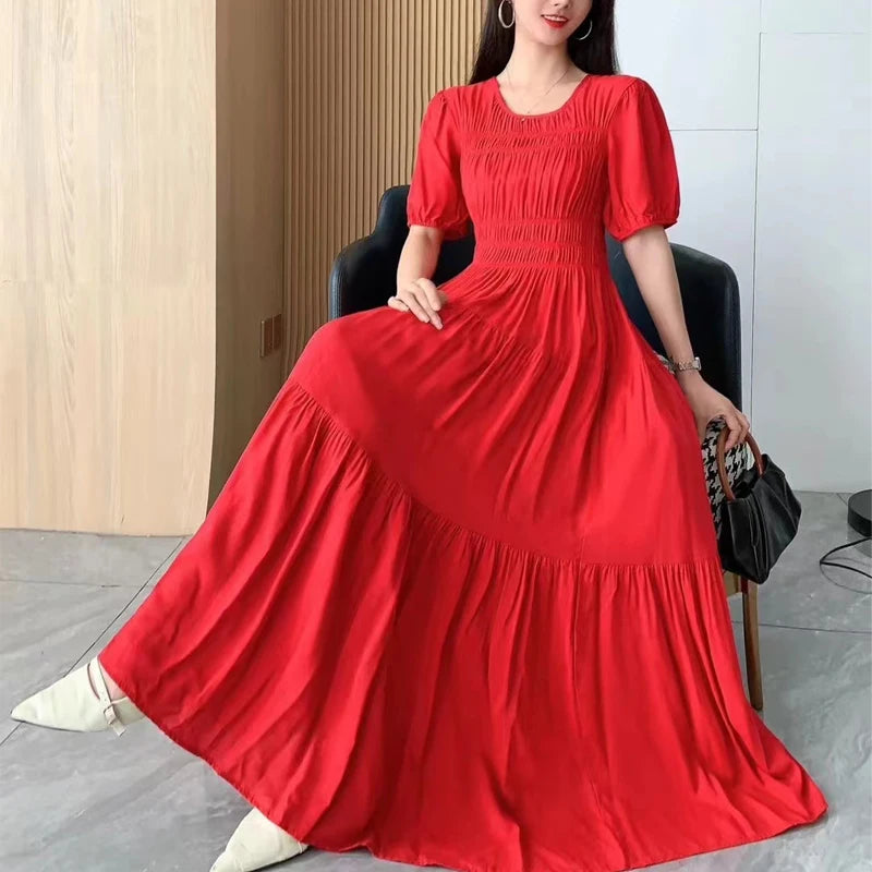 Summer New Cotton Silk Dr Casual High Waist Floral Print Beachwear Outerwear Slimming Waist Long Skirt A-Line Gown
