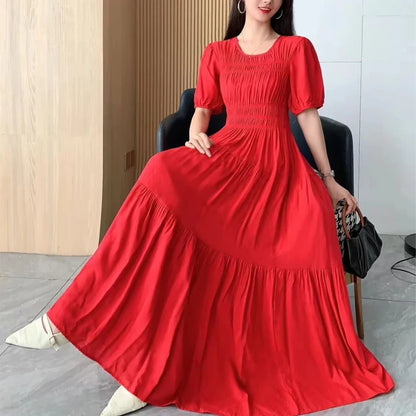 Summer New Cotton Silk Dr Casual High Waist Floral Print Beachwear Outerwear Slimming Waist Long Skirt A-Line Gown
