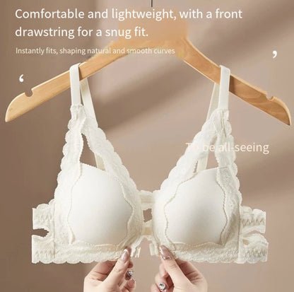 Front button underwear ladies small breasts gathered 2025 spring summer new sexy pure lace white beautiful back bra set